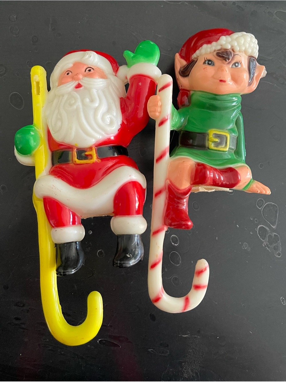 Vintage 1970 stocking hangers Santa and Elf